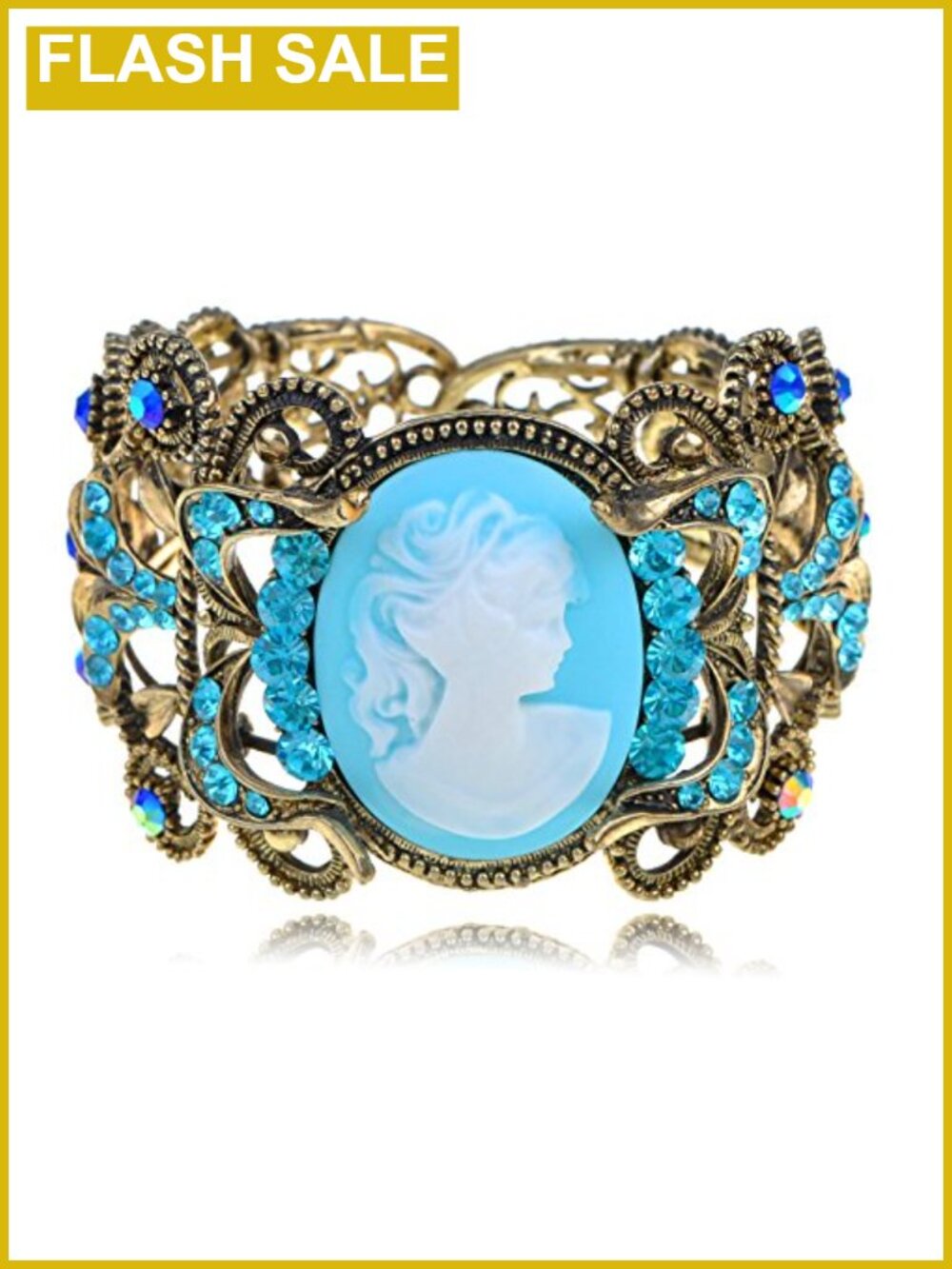 Golden Tone Bangle Bracelet with Blue Cameo Maiden Design